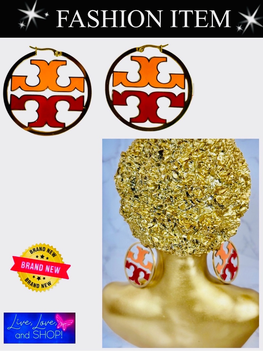 A-1-DC-38: EARRINGS: Golden w/Orange and Red Double “T” Detailing, NWOT